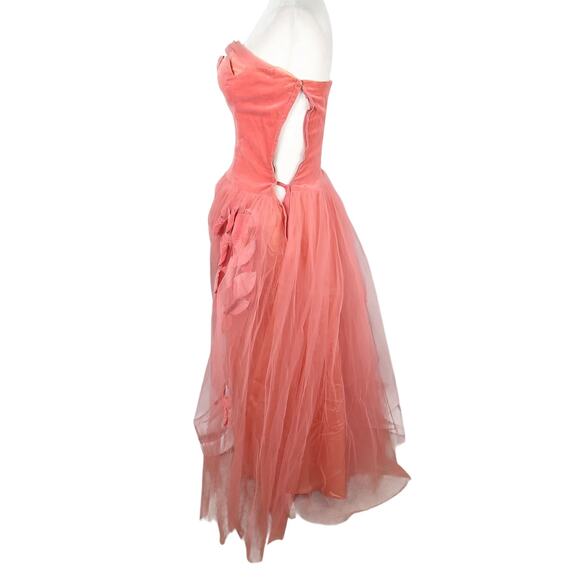 Vintage 50s Strapless Coral Pink Tulle Velvet Leaf Applique Formal Prom Dress XS - Picture 4 of 9